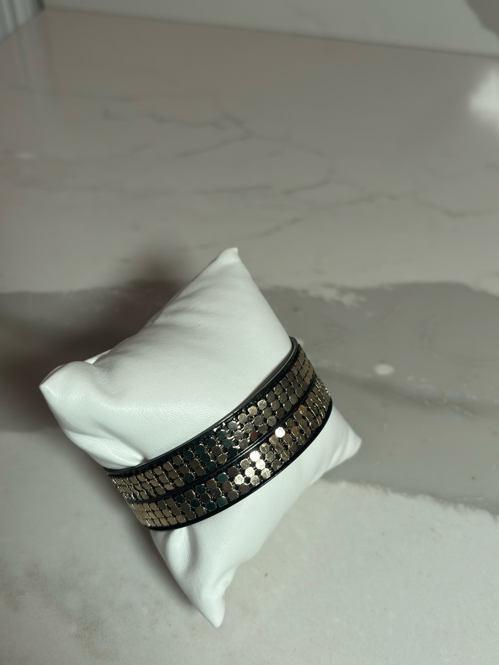 Black Leather Bracelet with Gold Sequin Detailing